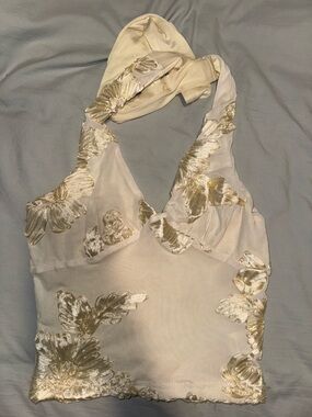 Cream Halter Crop Top with Gold Floral Embroidery